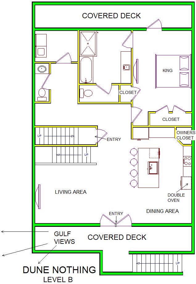 A level B layout view of Sand 'N Sea's beachfront house vacation rental in Galveston named Dune Nothing